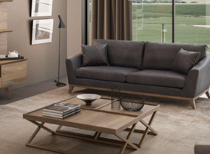 Gray faux leather three-seater living room sofa modern couch style furniture